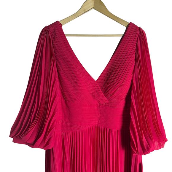 Teri Jon by Rickie Freeman Fuchsia Chiffon Pleated V-Neck Long Sleeve Gown 18 - Picture 7 of 16